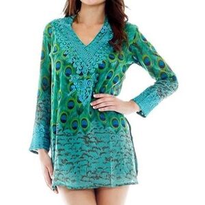 SOL 🦚 Peacock Feather Print Embroidered Tunic Swim Coverup